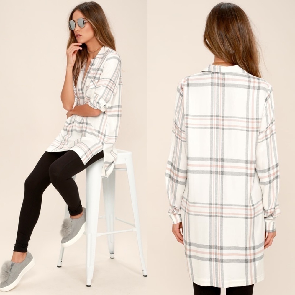 Wetseal Window Pane Plaid Button Down Long Tunic M